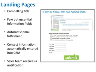 Landing Pages
 • Compelling title

 • Few but essential
   information fields

 • Automatic email
   fulfillment

 • Contact information
   automatically entered
   into CRM

 • Sales team receives a
   notification
 