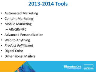 2013-2014 Tools
• Automated Marketing
• Content Marketing
• Mobile Marketing
   – AR/QR/NFC
• Advanced Personalization
• Web to Anything
• Product Fulfillment
• Digital Color
• Dimensional Mailers
 
