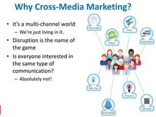 Why Cross-Media Marketing?
• It’s a multi-channel world
   – We’re just living in it.
• Disruption is the name of
  the game
• Is everyone interested in
  the same type of
  communication?
   – Absolutely not!
 