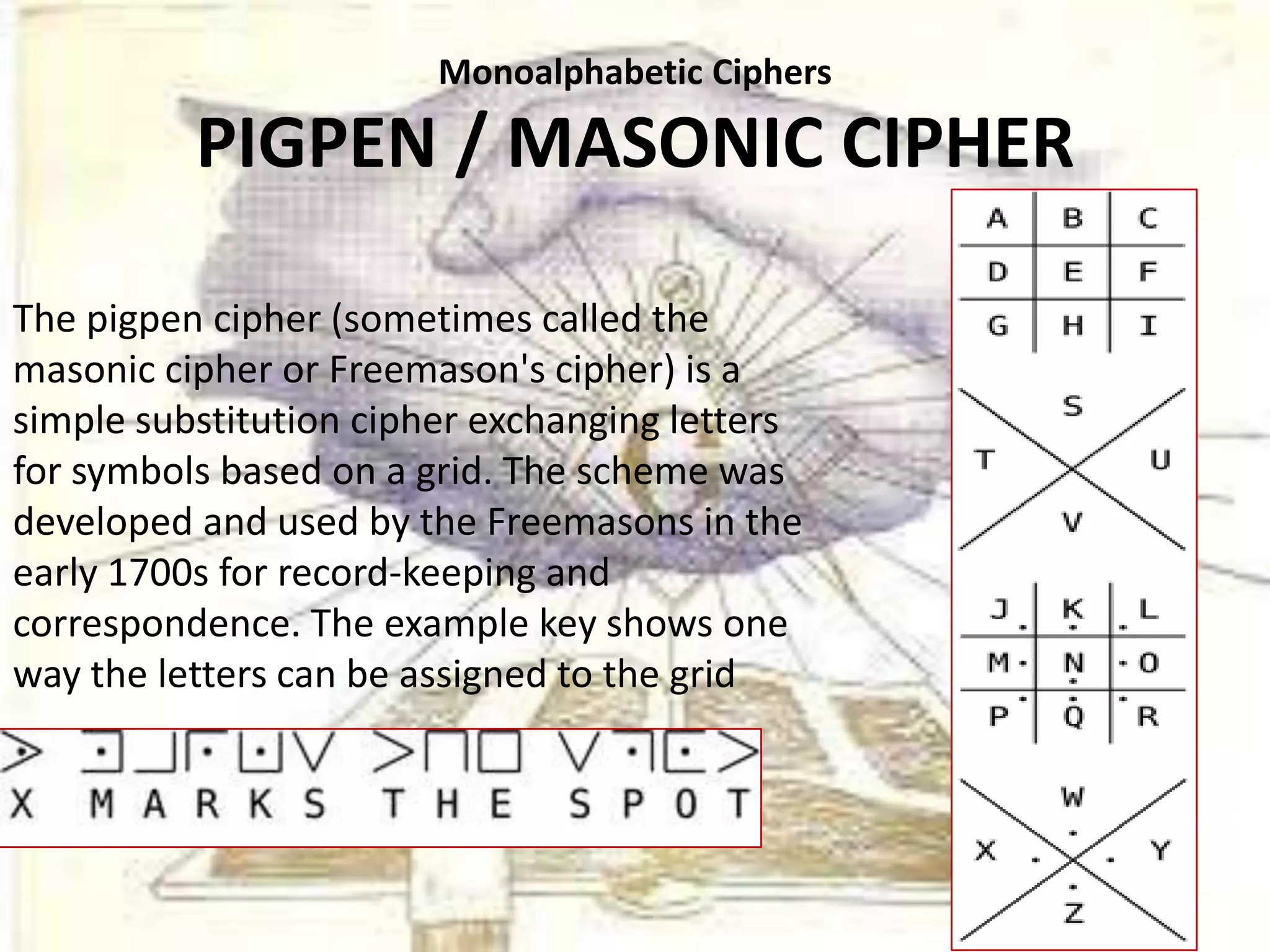 Monoalphabetic Ciphers
PIGPEN / MASONIC CIPHER
The pigpen cipher (sometimes called the
masonic cipher or Freemason's cipher) is a
simple substitution cipher exchanging letters
for symbols based on a grid. The scheme was
developed and used by the Freemasons in the
early 1700s for record-keeping and
correspondence. The example key shows one
way the letters can be assigned to the grid
 