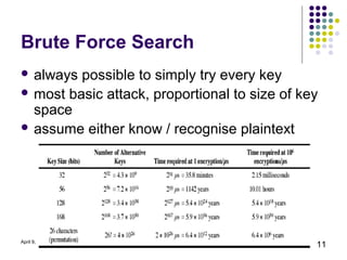 Brute Force Search
 always possible to simply try every key
 most basic attack, proportional to size of key
  space
 assume either know / recognise plaintext




April 9, 2013
                                               11
 