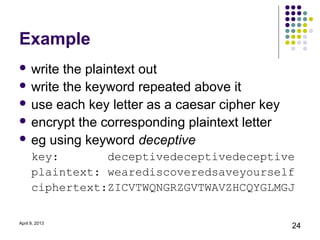 Example
 write the plaintext out
 write the keyword repeated above it
 use each key letter as a caesar cipher key
 encrypt the corresponding plaintext letter
 eg using keyword deceptive
      key:       deceptivedeceptivedeceptive
      plaintext: wearediscoveredsaveyourself
      ciphertext:ZICVTWQNGRZGVTWAVZHCQYGLMGJ

April 9, 2013
                                               24
 
