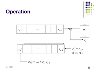 Operation

                                                                  …
                r0          …               rn–1    ⊕              bi
                                                                  …
                                                                  ci

                r0´          …              rn–1´       ri´ = ri–1,
                                                        0<i≤n

                      r0t0 + … + rn–1tn–1
April 9, 2013
                                                                        35
 