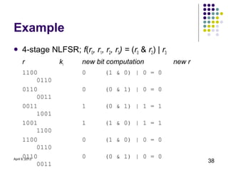 Example
   4-stage NLFSR; f(r0, r1, r2, r3) = (r0 & r2) | r3
    r                ki   new bit computation           new r
       1100               0     (1 & 0) | 0 = 0
              0110
       0110               0     (0 & 1) | 0 = 0
              0011
       0011               1     (0 & 1) | 1 = 1
              1001
       1001               1     (1 & 0) | 1 = 1
              1100
       1100               0     (1 & 0) | 0 = 0
              0110
       0110
April 9, 2013
                          0     (0 & 1) | 0 = 0
                                                                38
              0011
 
