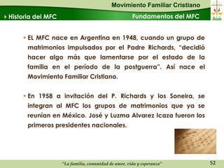 Movimiento Familiar Cristiano
Historia del MFC                                     Fundamentos del MFC


      • EL MFC nace en Argentina en 1948, cuando un grupo de
       matrimonios impulsados por el Padre Richards, “decidió
       hacer algo más que lamentarse por el estado de la
       familia en el período de la postguerra”. Así nace el
       Movimiento Familiar Cristiano.


      • En 1958 a invitación del P. Richards y los Soneira, se
       integran al MFC los grupos de matrimonios que ya se
       reunían en México. José y Luzma Alvarez Icaza fueron los
       primeros presidentes nacionales.




                    “La familia, comunidad de amor, vida y esperanza”       52
 
