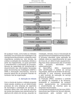 Figura4-Métododeotimizaçãoproposto
De qualquer modo, como todos os métodos
baseados nos princípios da modelagem e da
reengenharia de processos, a etapa de maior
importância constitui-se, sem dúvida, da
análise e avaliação dos resultados obtidos a
partir do mapeamento, os quais permitem
o entendimento e otimização do processo.
Através da capacidade de compreensão e
discernimento das informações fornecidas
pelas ferramentas de modelagem (IDEF0 e
DSM) e otimização (heurísticas), torna-se
possível aplicá-las ao processo inserido no
contexto real da organização.
6. Aplicação do método
Com o intuito de ilustrar o método proposto
neste estudo, analisou-se um determinado
processo de uma empresa do segmento
de tecnologia e prestação de serviços. A
empresa opera com uma área de serviços
de campo que baseia seus atendimentos na
abertura de ordens de serviço, atuando na
instalação, retirada, troca e manutenção de
equipamentosemestabelecimentosclientes.
O processo abordado nesta aplicação do
método refere-se especificamente ao caso
de troca de um determinado equipamento.
Algumas áreas operacionais são envolvidas
neste processo, abordadas como
subcomponentes:
a) Back-Office (BO): responsável
pela identificação e análise do serviço
requisitado, abertura da Ordem de Serviço,
atribuição à uma empresa terceirizada
e pelo controle de execução do serviço
através da auditoria;
b) Produção (PRD): coordena o controle
do estoque da empresa e de terceiros,
analisando a necessidade de produzir
novos equipamentos ou componentes
e encaminhando os mesmos para as
empresas terceirizadas;
c) Empresas Prestadoras de Serviços (EPS):
executoras das Ordens de Serviço abertas,
responsáveis pelo contato com o
39
CIP Journal nº 01 / 2009
Disponível em www.labceo.uff.br/cip
 