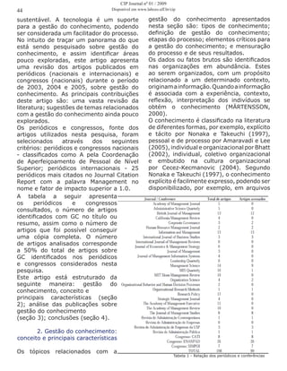 sustentável. A tecnologia é um suporte
para a gestão do conhecimento, podendo
ser considerada um facilitador do processo.
No intuito de traçar um panorama do que
está sendo pesquisado sobre gestão do
conhecimento, e assim identificar áreas
pouco exploradas, este artigo apresenta
uma revisão dos artigos publicados em
periódicos (nacionais e internacionais) e
congressos (nacionais) durante o período
de 2003, 2004 e 2005, sobre gestão do
conhecimento. As principais contribuições
deste artigo são: uma vasta revisão da
literatura; sugestões de temas relacionados
com a gestão do conhecimento ainda pouco
explorados.
Os periódicos e congressos, fonte dos
artigos utilizados nesta pesquisa, foram
selecionados através dos seguintes
critérios: periódicos e congressos nacionais
- classificados como A pela Coordenação
de Aperfeiçoamento de Pessoal de Nível
Superior; periódicos internacionais - 25
periódicos mais citados no Journal Citation
Report com a palavra Management no
nome e fator de impacto superior a 1.0.
A tabela a seguir apresenta
os periódicos e congressos
consultados, o número de artigos
identificados com GC no título ou
resumo, assim como o número de
artigos que foi possível conseguir
uma cópia completa. O número
de artigos analisados corresponde
a 50% do total de artigos sobre
GC identificados nos periódicos
e congressos considerados nesta
pesquisa.
Este artigo está estruturado da
seguinte maneira: gestão do
conhecimento, conceito e
principais características (seção
2); análise das publicações sobre
gestão do conhecimento
(seção 3); conclusões (seção 4).
2. Gestão do conhecimento:
conceito e principais características
Os tópicos relacionados com a
gestão do conhecimento apresentados
nesta seção são: tipos de conhecimento;
definição de gestão do conhecimento;
etapas do processo; elementos críticos para
a gestão do conhecimento; e mensuração
do processo e de seus resultados.
Os dados ou fatos brutos são identificados
nas organizações em abundância. Estes
ao serem organizados, com um propósito
relacionado a um determinado contexto,
originamainformação.Quandoainformação
é associada com a experiência, contexto,
reflexão, interpretação dos indivíduos se
obtém o conhecimento (MÄRTENSSON,
2000).
O conhecimento é classificado na literatura
de diferentes formas, por exemplo, explícito
e tácito por Nonaka e Takeuchi (1997),
pessoal e de processo por Amaravadi e Lee
(2005), individual e organizacional por Bhatt
(2002), individual, coletivo organizacional
e embutido na cultura organizacional
por Cecez-Kecmanovic (2004). Segundo
Nonaka e Takeuchi (1997), o conhecimento
explícito é facilmente expresso, podendo ser
disponibilizado, por exemplo, em arquivos
44
Tabela 1 - Relação dos periódicos e conferências
CIP Journal nº 01 / 2009
Disponível em www.labceo.uff.br/cip
 