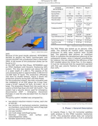 32
Figure 1 – Jubarte Field Location
pack.
Because of the good results obtained, PETROBRAS
decided to declare the field’s commerciality and
convert the EWT into a Production Pilot in December
2002. A full review of this production phase can be
found in [1].
In the EWT and the Pilot Phase, PETROBRAS used
an FPSO (Seillean) with Dynamic Positioning (DP)
system. The ship was located just above the well
in a water depth of 1,300 m. The capacity of the
unit processing plant is approximately 3,500 Sm³/d
(22,000 bpd) of liquid. The production offloading
was done by shuttle tankers. Figure 2 shows the
production scheme during EWT and Pilot Phase.
For this production system, the main innovation was
the installation of an ESP above the X-mas Tree,
inside a 9.5/8” capsule (47 lb/ft, ID 8.681”, 40 m
long). The production flowed from the pump into a
column of Drill Pipe Riser of 6.5/8” (ID 5,625”). The
system had a security device used for emergency
disconnection (EDP - Emergency Disconnect
Package) in case the ship deviated from its original
position.
The pump system installed was composed by:
•	 two electric induction motors in series, each one
of 450 HP;
•	 two sections of mechanical protector, totalizing
six chambers, out of which four were of bag type
and two were of labyrinth type;
•	 one gas handler;
•	 one multi-stage centrifugal pump;
•	 electrical connector and surface and
subsurfacepower cable;
•	 Variable Speed Drive (VSD).
Table 1 – Development strategy for the Jubarte Field
The Pilot Phase was locked up on January 12th,
2006. The artificial lift method (ESP) improved
production to daily rates superior than 22,000
bpd. The gathered data became an important
factor to subsidize the development planning of the
subsequent phases, since it reduced uncertainties,
for instance, the one related to the efficiency of the
ESP installed above the Xmas-Tree. In this aspect,
it must be mentioned that the equipment operated
with free gas volume fractions at intake greater
than 22%.
Figure 2 –Production scheme during EWT and Pilot Phase (FPSO Seillean)
3. Phase 1 General Description
In Jubarte Phase 1, four (4) horizontal satellites
wells produce to the FPSO Juscelino Kubitschek
(P-34). This production phase does not comprise
water injection into the reservoir. P-34 is anchored
CIP Journal nº 02 / 2009
Disponível em www.labceo.uff.br/cip
 