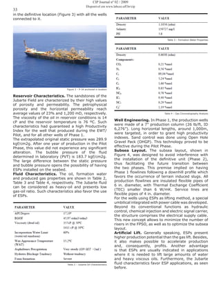 33
in the definitive location (Figure 3) with all the wells
connected to it.
Figure 3 – P-34 anchored in location
Reservoir Characteristics. The sandstones of the
Jubarte Field are characterized by their high values
of porosity and permeability. The petrophysical
porosity and the horizontal permeability reach
average values of 23% and 1,200 mD, respectively.
The viscosity of the oil in reservoir conditions is 14
cP and the reservoir temperature is 76 ºC. Such
characteristics had guaranteed a high Productivity
Index for the well that produced during the EWT/
Pilot, and for all other wells of Phase 1.
The extrapolated original static pressure was 289.9
kgf/cm2g. After one year of production in the Pilot
Phase, this value did not experience any significant
alteration. The bubble pressure of the fluid
determined in laboratory (PVT) is 183.7 kgf/cm2g.
The large difference between the static pressure
and bubble pressure opens the possibility of having
ESPs installed on the seabed.
Fluid Characteristics. The oil, formation water
and produced gas properties are shown in Table 2,
Table 3 and Table 4, respectively. The Jubarte fluid
can be considered as heavy-oil and presents low
gas-oil ratio. Such characteristics also favor the use
of ESPs.
Table 2 – Jubarte Oil Characteristics
Table 3 – Formation Water Properties
Table 4 – Gas Chromatography Analysis
Well Engineering. In Phase 1, the production wells
were made of a 7” production column (26 lb/ft, ID
6,276”). Long horizontal lengths, around 1,000m,
were targeted, in order to grant high productivity
indexes. Sand control was done using Open Hole
Gravel Pack (OHGP). This technology proved to be
effective during the Pilot Phase.
Subsea Layout. The subsea layout, shown in
Figure 4, was designed to avoid interference with
the installation of the definitive unit (Phase 2),
thus facilitating the future transition between
the two phases. This premise implied on having
Phase 1 flowlines following a downhill profile which
favors the occurrence of terrain induced slugs. All
production flowlines are insulated flexible pipes of
6 in. diameter, with Thermal Exchange Coefficient
(TEC) smaller than 6 W/mK. Service lines are
flexible pipes of 4 in. diameter.
For the wells using ESPs as lifting method, a special
umbilical integrated with power cable was developed.
Beyond its conventional functions as hydraulic
control, chemical injection and electric signal carrier,
the structure comprises the electrical supply cable.
This new concept allows to minimize the number of
risers in the FPSO, as well as to optimize the subsea
layout.
Artificial Lift. Generally speaking, ESPs present
higher production potential than the gas lift. Besides,
it also makes possible to accelerate production
and, consequently, profits. Another advantage
is that ESPs are usually indicated in applications
where it is needed to lift large amounts of water
and heavy viscous oils. Furthermore, the Jubarte
fluid characteristics favor ESP applications, as seen
before.
CIP Journal nº 02 / 2009
Disponível em www.labceo.uff.br/cip
 