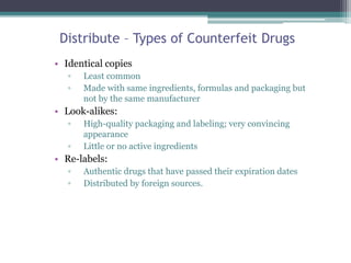Distribute – Types of Counterfeit Drugs
• Identical copies
▫ Least common
▫ Made with same ingredients, formulas and packaging but
not by the same manufacturer
• Look-alikes:
▫ High-quality packaging and labeling; very convincing
appearance
▫ Little or no active ingredients
• Re-labels:
▫ Authentic drugs that have passed their expiration dates
▫ Distributed by foreign sources.
 