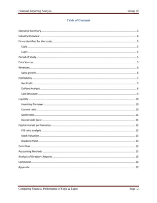 Financial Reporting Analysis                                                                                                                    Group 10


                                                               Table of Contents


Executive Summary ................................................................................................................................. 3
Industry Overview ................................................................................................................................... 4
Firms identified for the study .................................................................................................................. 5
   Cipla .................................................................................................................................................... 5
   Lupin ................................................................................................................................................... 5
Period of Study ........................................................................................................................................ 5
Data Sources ........................................................................................................................................... 5
Revenues................................................................................................................................................. 6
   Sales growth ........................................................................................................................................ 6
Profitability ............................................................................................................................................. 7
   Net Profit............................................................................................................................................. 7
   DuPont Analysis ................................................................................................................................... 8
   Cost Structure...................................................................................................................................... 9
Liquidity ................................................................................................................................................ 10
   Inventory Turnover ............................................................................................................................ 10
   Current ratio...................................................................................................................................... 10
   Quick ratio ......................................................................................................................................... 11
   Overall debt level .............................................................................................................................. 11
Capital market performance .................................................................................................................. 12
   P/E ratio analysis ............................................................................................................................... 12
   Stock Valuation.................................................................................................................................. 13
   Dividend Yield.................................................................................................................................... 13
Cash Flow .............................................................................................................................................. 13
Accounting Methods ............................................................................................................................. 15
Analysis of Director’s Reports ................................................................................................................ 15
Conclusion............................................................................................................................................. 16
Appendix ............................................................................................................................................... 17




Comparing Financial Performance of Cipla & Lupin                                                                                                   Page | 2
 