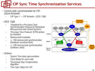 18
CIP Sync Time Synchronization Services
• System-wide synchronization for CIP-
based Networks
– CIP Sync™ = CIP Network + IEEE-1588
• IEEE 1588
– “Standard for a Precision Clock
Synchronization Protocol for Networked
Measurement and Control Systems”
– “Precision Time Protocol” (PTP) defined
by standard.
– Nanosecond resolution
– +/- 100 nanosecond synchronization
(Hardware-assisted clock)
– +/- 100 microsecond synchronization
(Software clock)
• Defines
– System Time data representation
– Clock Model for each node
– Timestamp Step Compensation
Algorithm
– Time Sync Object for CIP
 