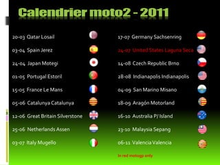 20-03 Qatar Losail                17-07 Germany Sachsenring

03-04 Spain Jerez                 24-07 United States Laguna Seca

24-04 Japan Motegi                14-08 Czech Republic Brno

01-05 Portugal Estoril            28-08 Indianapolis Indianapolis

15-05 France Le Mans              04-09 San Marino Misano

05-06 Catalunya Catalunya         18-09 Aragón Motorland

12-06 Great Britain Silverstone   16-10 Australia P/ Island

25-06 Netherlands Assen           23-10 Malaysia Sepang

03-07 Italy Mugello               06-11 Valencia Valencia

                                  In red motogp only
 