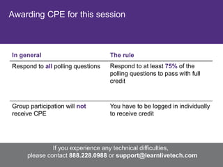 Awarding CPE for this session



         In general                              The rule
         Respond to all polling questions        Respond to at least 75% of the
                                                 polling questions to pass with full
                                                 credit



         Group participation will not            You have to be logged in individually
         receive CPE                             to receive credit




                               If you experience any technical difficulties,
                      please contact 888.228.0988 or support@learnlivetech.com
© Grant Thornton LLP. All rights reserved.                                               2
 