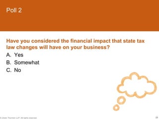 Poll 2



       Have you considered the financial impact that state tax
       law changes will have on your business?
       A. Yes
       B. Somewhat
       C. No




© Grant Thornton LLP. All rights reserved.                       23
 