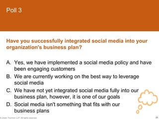 Poll 3



       Have you successfully integrated social media into your
       organization's business plan?

       A. Yes, we have implemented a social media policy and have
          been engaging customers
       B. We are currently working on the best way to leverage
          social media
       C. We have not yet integrated social media fully into our
          business plan, however, it is one of our goals
       D. Social media isn't something that fits with our
          business plans
© Grant Thornton LLP. All rights reserved.                          25
 
