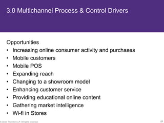 3.0 Multichannel Process & Control Drivers



       Opportunities
       • Increasing online consumer activity and purchases
       • Mobile customers
       • Mobile POS
       • Expanding reach
       • Changing to a showroom model
       • Enhancing customer service
       • Providing educational online content
       • Gathering market intelligence
       • Wi-fi in Stores
© Grant Thornton LLP. All rights reserved.                   27
 