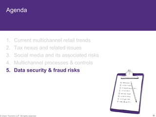 Agenda



       1.       Current multichannel retail trends
       2.       Tax nexus and related issues
       3.       Social media and its associated risks
       4.       Multichannel processes & controls
       5.       Data security & fraud risks




© Grant Thornton LLP. All rights reserved.              31
 