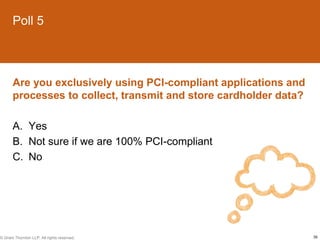 Poll 5



       Are you exclusively using PCI-compliant applications and
       processes to collect, transmit and store cardholder data?

       A. Yes
       B. Not sure if we are 100% PCI-compliant
       C. No




© Grant Thornton LLP. All rights reserved.                         36
 