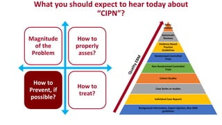 What you should expect to hear today about
“CIPN”?
Magnitude
of the
Problem
How to
properly
asses?
How to
Prevent, if
possible?
How to
treat?
Meta-
analysis
Systematic
Reviews
Evidence Based
Practice
Guidelines
Randomized Controlled
Trials
Non-Randomized Controlled
Trials
Cohort Studies
Case Series or studies
Individual Case Reports
Background Information, Expert Opinion, Non EBM
guidelines
 