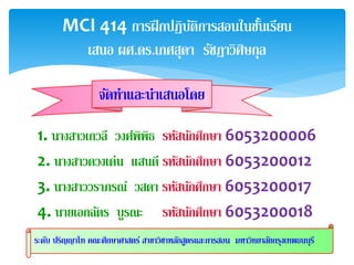 1. นางสาวเกวลี วงศ์พิพิธ รหัสนักศึกษา 6053200006
2. นางสาวดวงเด่น แสนดี รหัสนักศึกษา 6053200012
3. นางสาววราภรณ์ วสดา รหัสนักศึกษา 6053200017
4. นายเอกฉัตร บูรณะ รหัสนักศึกษา 6053200018
MCI 414 การฝึกปฏิบัติการสอนในชั้นเรียน
เสนอ ผศ.ดร.เกศสดา รัชฎาวิศิษกล
จัดทาและนาเสนอโดย
ระดับ ปริญญาโท คณะศึกษาศาสตร์ สาขาวิชาหลักสูตรและการสอน มหาวิทยาลัยกรงเทพธนบรี
 