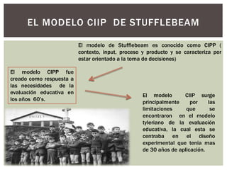 EL MODELO CIIP DE STUFFLEBEAM
El modelo de Stufflebeam es conocido como CIPP (
contexto, input, proceso y producto y se caracteriza por
estar orientado a la toma de decisiones)
El modelo CIPP fue
creado como respuesta a
las necesidades de la
evaluación educativa en
los años 60’s.
El modelo CIIP surge
principalmente por las
limitaciones que se
encontraron en el modelo
tyleriano de la evaluación
educativa, la cual esta se
centraba en el diseño
experimental que tenia mas
de 30 años de aplicación.
 