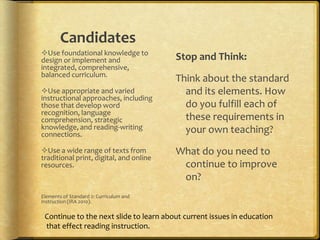 CandidatesStop and Think:Think about the standard and its elements. How do you fulfill each of these requirements in your own teaching?What do you need to continue to improve on?Use foundational knowledge to design or implement and integrated, comprehensive, balanced curriculum.