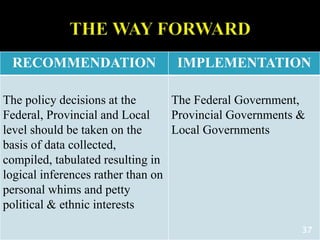 RECOMMENDATION IMPLEMENTATION
The policy decisions at the
Federal, Provincial and Local
level should be taken on the
basis of data collected,
compiled, tabulated resulting in
logical inferences rather than on
personal whims and petty
political & ethnic interests
The Federal Government,
Provincial Governments &
Local Governments
37
 