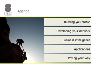 Agenda Building you profile Developing your network Business intelligence Applications Paying your way 