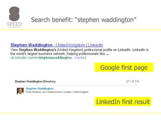 Search benefit: “stephen waddington” Google first page LinkedIn first result 