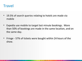 Travel

• 19.5% of search queries relating to hotels are made via
  mobile

• Expedia use mobile to target last minute bookings. More
  than 50% of bookings are made in the same location, and on
  the same day.

• Fringe - 57% of tickets were bought within 24 hours of the
  show.
 