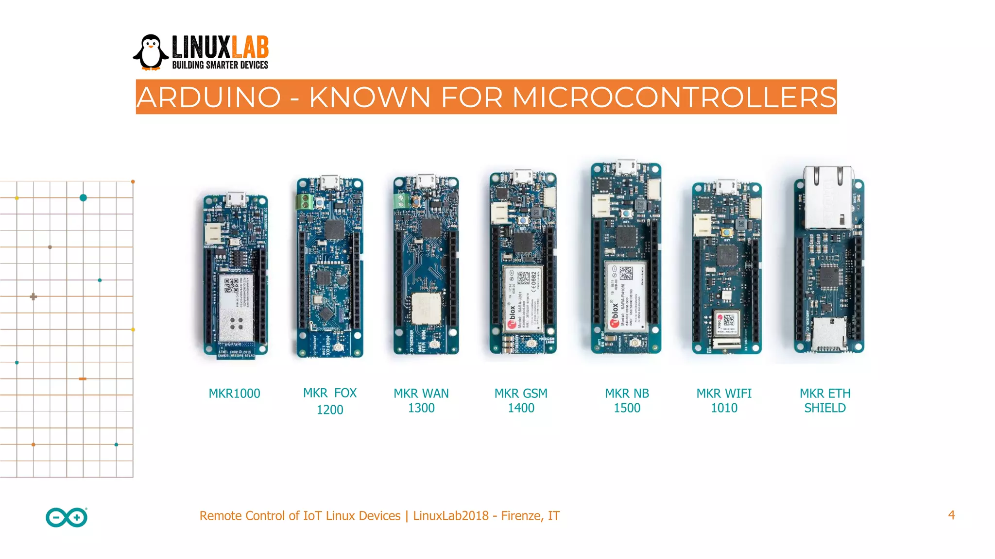4Remote Control of IoT Linux Devices | LinuxLab2018 - Firenze, IT ARDUINO - KNOWN FOR MICROCONTROLLERS MKR FOX 1200 MKR WAN 1300 MKR GSM 1400 MKR NB 1500 MKR WIFI 1010 MKR ETH SHIELD MKR1000 