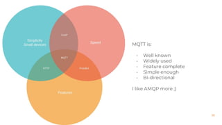 16Remote Control of IoT Linux Devices | LinuxLab2018 - Firenze, IT
MQTT is:
• Well known
• Widely used
• Feature complete
• Simple enough
• Bi-directional
I like AMQP more ;)
 