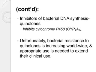 (cont’d):
 Inhibitors of bacterial DNA synthesis-
quinolones
◦ Inhibits cytochrome P450 (CYP₁A₂)
 Unfortunately, bacterial resistance to
quinolones is increasing world-wide, &
appropriate use is needed to extend
their clinical use.
 