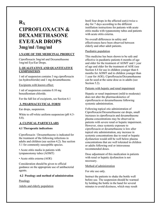 Ciprofloxacin 3mg per ml and dexamethasone 1mg per ml eye drops smpc