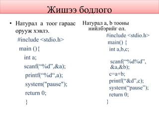 Жишээ бодлого
• Натурал a тоог гараас
орууж хэвлэ.
#include <stdio.h>
main (){
int a;
scanf(“%d”,&a);
printf(“%d“,a);
system("pause");
return 0;
}
Натурал a, b тооны
нийлбэрийг ол.
#include <stdio.h>
main() {
int a,b,c;
scanf(“%d%d”,
&a,&b);
c=a+b;
printf(“&d”,c);
system(“pause”);
return 0;
}
 