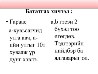 Бататгах хичээл :
• Гараас
а-хувьсагчид
утга авч, а-
ийн утгыг 10т
хувааж үр
дүнг хэвлэ.
a,b гэсэн 2
бүхэл тоо
өгөгдөв.
Тэдгээрийн
нийлбэр ба
ялгаварыг ол.
 