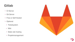 Gitlab
• CI Server
• Git Server
• Free or Self-Hosted
• Optional:
• Ticketsystem
• Wiki
• Static site hosting
• Projektmanagement
 