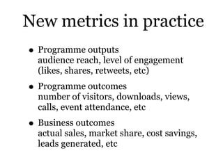 New metrics in practice
• Programme outputs
  audience reach, level of engagement
  (likes, shares, retweets, etc)
• Progr...