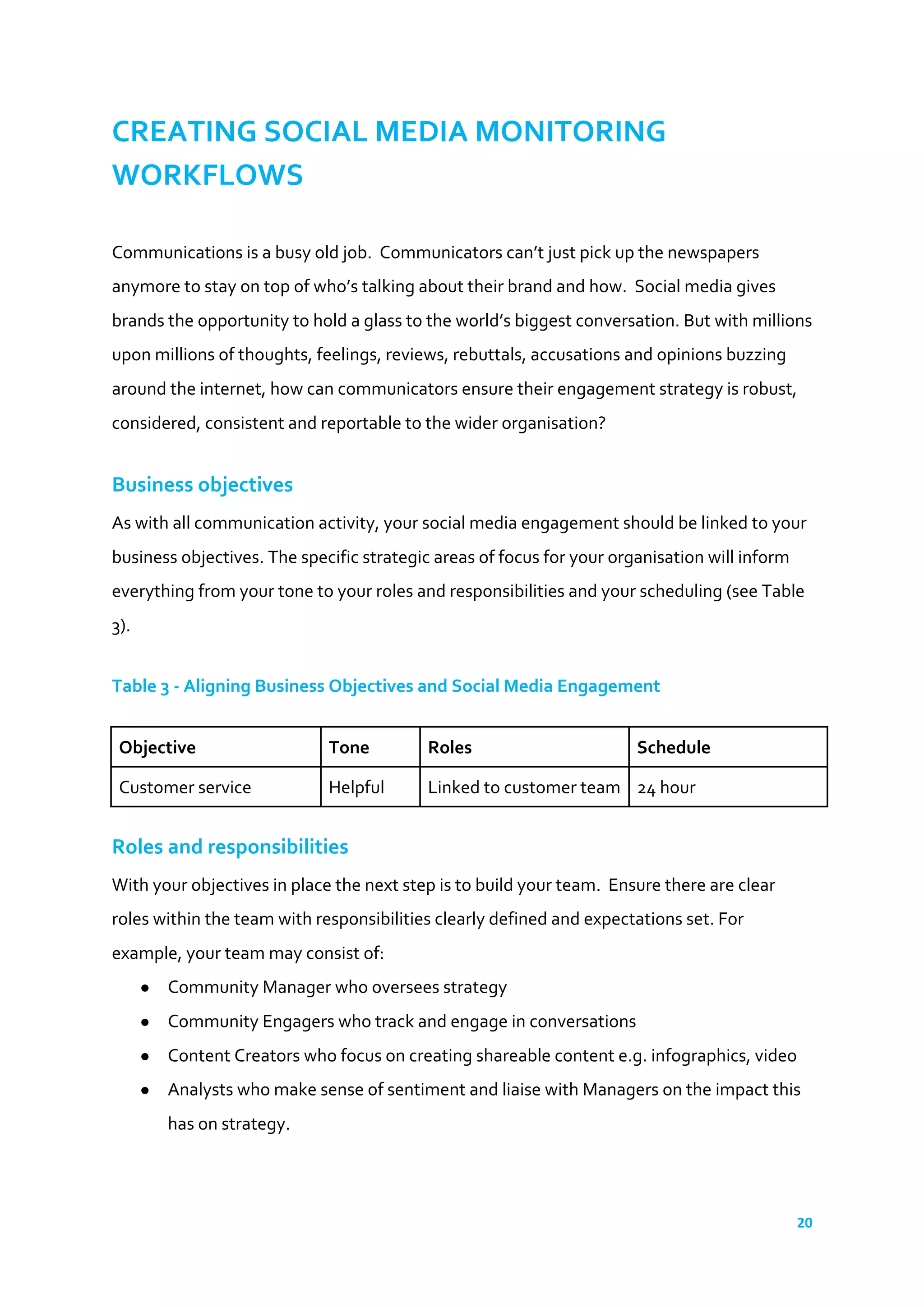 20	
  
	
  
CREATING	
  SOCIAL	
  MEDIA	
  MONITORING	
  
WORKFLOWS	
  
	
  
Communications	
  is	
  a	
  busy	
  old	
  job.	
  	
  Communicators	
  can’t	
  just	
  pick	
  up	
  the	
  newspapers	
  
anymore	
  to	
  stay	
  on	
  top	
  of	
  who’s	
  talking	
  about	
  their	
  brand	
  and	
  how.	
  	
  Social	
  media	
  gives	
  
brands	
  the	
  opportunity	
  to	
  hold	
  a	
  glass	
  to	
  the	
  world’s	
  biggest	
  conversation.	
  But	
  with	
  millions	
  
upon	
  millions	
  of	
  thoughts,	
  feelings,	
  reviews,	
  rebuttals,	
  accusations	
  and	
  opinions	
  buzzing	
  
around	
  the	
  internet,	
  how	
  can	
  communicators	
  ensure	
  their	
  engagement	
  strategy	
  is	
  robust,	
  
considered,	
  consistent	
  and	
  reportable	
  to	
  the	
  wider	
  organisation?	
  
	
  
Business	
  objectives	
  
As	
  with	
  all	
  communication	
  activity,	
  your	
  social	
  media	
  engagement	
  should	
  be	
  linked	
  to	
  your	
  
business	
  objectives.	
  The	
  specific	
  strategic	
  areas	
  of	
  focus	
  for	
  your	
  organisation	
  will	
  inform	
  
everything	
  from	
  your	
  tone	
  to	
  your	
  roles	
  and	
  responsibilities	
  and	
  your	
  scheduling	
  (see	
  Table	
  
3).	
  
	
  
Table	
  3	
  -­‐	
  Aligning	
  Business	
  Objectives	
  and	
  Social	
  Media	
  Engagement	
  
	
  
Objective	
   Tone	
   Roles	
   Schedule	
  
Customer	
  service	
   Helpful	
   Linked	
  to	
  customer	
  team	
   24	
  hour	
  
	
  
Roles	
  and	
  responsibilities	
  
With	
  your	
  objectives	
  in	
  place	
  the	
  next	
  step	
  is	
  to	
  build	
  your	
  team.	
  	
  Ensure	
  there	
  are	
  clear	
  
roles	
  within	
  the	
  team	
  with	
  responsibilities	
  clearly	
  defined	
  and	
  expectations	
  set.	
  For	
  
example,	
  your	
  team	
  may	
  consist	
  of:	
  
● Community	
  Manager	
  who	
  oversees	
  strategy	
  
● Community	
  Engagers	
  who	
  track	
  and	
  engage	
  in	
  conversations	
  
● Content	
  Creators	
  who	
  focus	
  on	
  creating	
  shareable	
  content	
  e.g.	
  infographics,	
  video	
  
● Analysts	
  who	
  make	
  sense	
  of	
  sentiment	
  and	
  liaise	
  with	
  Managers	
  on	
  the	
  impact	
  this	
  
has	
  on	
  strategy.	
  	
  	
  
	
  
 