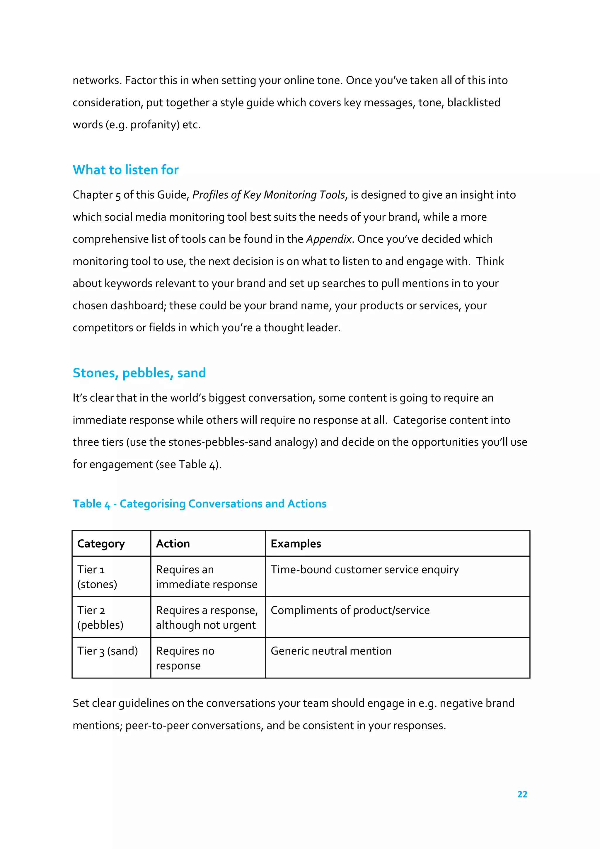 22	
  
	
  
networks.	
  Factor	
  this	
  in	
  when	
  setting	
  your	
  online	
  tone.	
  Once	
  you’ve	
  taken	
  all	
  of	
  this	
  into	
  
consideration,	
  put	
  together	
  a	
  style	
  guide	
  which	
  covers	
  key	
  messages,	
  tone,	
  blacklisted	
  
words	
  (e.g.	
  profanity)	
  etc.	
  	
  	
  	
  
	
  
What	
  to	
  listen	
  for	
  
Chapter	
  5	
  of	
  this	
  Guide,	
  Profiles	
  of	
  Key	
  Monitoring	
  Tools,	
  is	
  designed	
  to	
  give	
  an	
  insight	
  into	
  
which	
  social	
  media	
  monitoring	
  tool	
  best	
  suits	
  the	
  needs	
  of	
  your	
  brand,	
  while	
  a	
  more	
  
comprehensive	
  list	
  of	
  tools	
  can	
  be	
  found	
  in	
  the	
  Appendix.	
  Once	
  you’ve	
  decided	
  which	
  
monitoring	
  tool	
  to	
  use,	
  the	
  next	
  decision	
  is	
  on	
  what	
  to	
  listen	
  to	
  and	
  engage	
  with.	
  	
  Think	
  
about	
  keywords	
  relevant	
  to	
  your	
  brand	
  and	
  set	
  up	
  searches	
  to	
  pull	
  mentions	
  in	
  to	
  your	
  
chosen	
  dashboard;	
  these	
  could	
  be	
  your	
  brand	
  name,	
  your	
  products	
  or	
  services,	
  your	
  
competitors	
  or	
  fields	
  in	
  which	
  you’re	
  a	
  thought	
  leader.	
  
	
  
Stones,	
  pebbles,	
  sand	
  
It’s	
  clear	
  that	
  in	
  the	
  world’s	
  biggest	
  conversation,	
  some	
  content	
  is	
  going	
  to	
  require	
  an	
  
immediate	
  response	
  while	
  others	
  will	
  require	
  no	
  response	
  at	
  all.	
  	
  Categorise	
  content	
  into	
  
three	
  tiers	
  (use	
  the	
  stones-­‐pebbles-­‐sand	
  analogy)	
  and	
  decide	
  on	
  the	
  opportunities	
  you’ll	
  use	
  
for	
  engagement	
  (see	
  Table	
  4).	
  
	
  
Table	
  4	
  -­‐	
  Categorising	
  Conversations	
  and	
  Actions	
  	
  
	
  
Category	
   Action	
   Examples	
  
Tier	
  1	
  
(stones)	
  
Requires	
  an	
  
immediate	
  response	
  
Time-­‐bound	
  customer	
  service	
  enquiry	
  
Tier	
  2	
  
(pebbles)	
  
Requires	
  a	
  response,	
  
although	
  not	
  urgent	
  
Compliments	
  of	
  product/service	
  
Tier	
  3	
  (sand)	
   Requires	
  no	
  
response	
  
Generic	
  neutral	
  mention	
  
	
  
Set	
  clear	
  guidelines	
  on	
  the	
  conversations	
  your	
  team	
  should	
  engage	
  in	
  e.g.	
  negative	
  brand	
  
mentions;	
  peer-­‐to-­‐peer	
  conversations,	
  and	
  be	
  consistent	
  in	
  your	
  responses.	
  
	
  
 