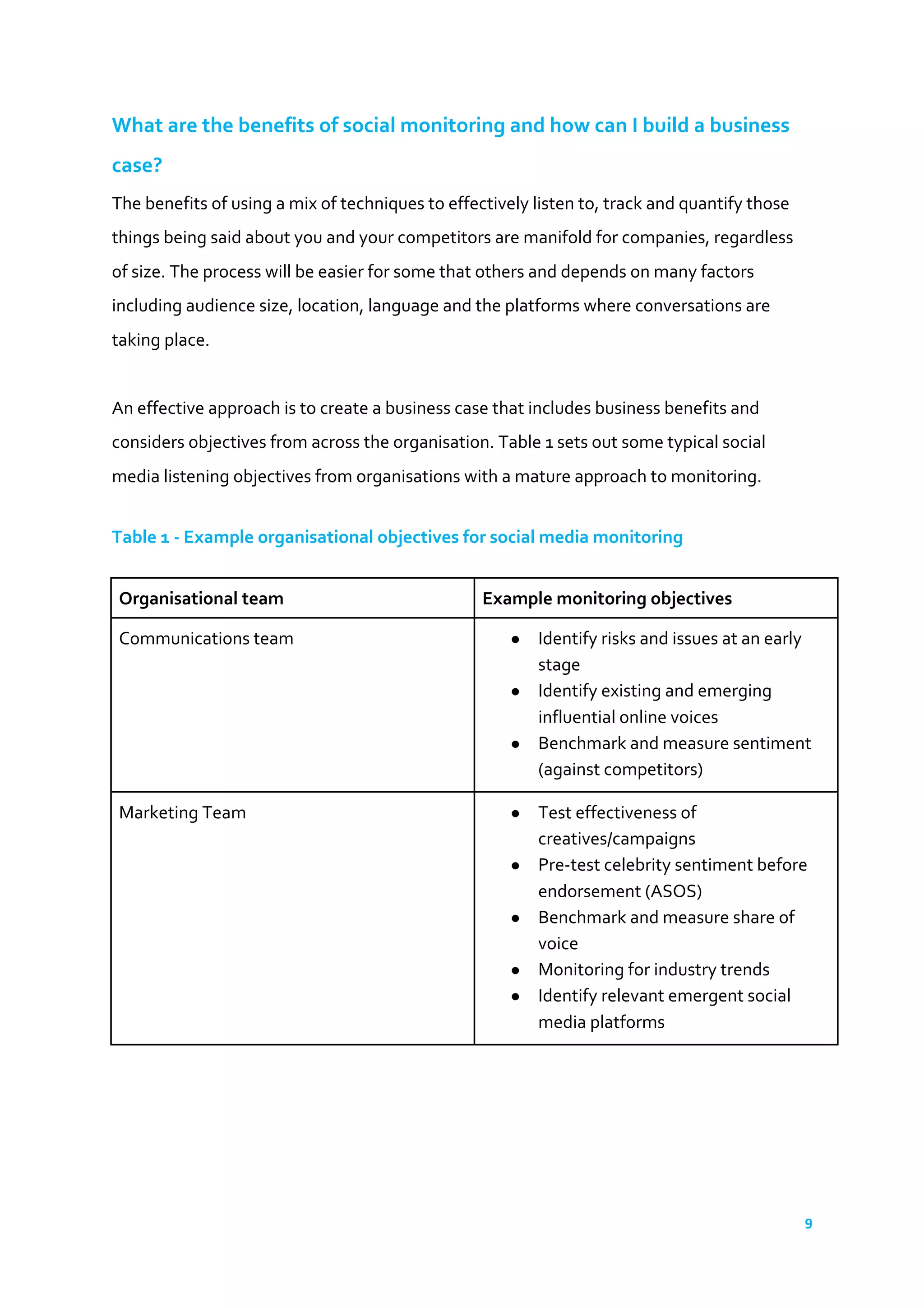 9	
  
	
  
What	
  are	
  the	
  benefits	
  of	
  social	
  monitoring	
  and	
  how	
  can	
  I	
  build	
  a	
  business	
  
case?	
  
The	
  benefits	
  of	
  using	
  a	
  mix	
  of	
  techniques	
  to	
  effectively	
  listen	
  to,	
  track	
  and	
  quantify	
  those	
  
things	
  being	
  said	
  about	
  you	
  and	
  your	
  competitors	
  are	
  manifold	
  for	
  companies,	
  regardless	
  
of	
  size.	
  The	
  process	
  will	
  be	
  easier	
  for	
  some	
  that	
  others	
  and	
  depends	
  on	
  many	
  factors	
  
including	
  audience	
  size,	
  location,	
  language	
  and	
  the	
  platforms	
  where	
  conversations	
  are	
  
taking	
  place.	
  
	
  
An	
  effective	
  approach	
  is	
  to	
  create	
  a	
  business	
  case	
  that	
  includes	
  business	
  benefits	
  and	
  
considers	
  objectives	
  from	
  across	
  the	
  organisation.	
  Table	
  1	
  sets	
  out	
  some	
  typical	
  social	
  
media	
  listening	
  objectives	
  from	
  organisations	
  with	
  a	
  mature	
  approach	
  to	
  monitoring.	
  
	
  
Table	
  1	
  -­‐	
  Example	
  organisational	
  objectives	
  for	
  social	
  media	
  monitoring	
  
	
  
Organisational	
  team	
   Example	
  monitoring	
  objectives	
  
Communications	
  team	
   ● Identify	
  risks	
  and	
  issues	
  at	
  an	
  early	
  
stage	
  
● Identify	
  existing	
  and	
  emerging	
  
influential	
  online	
  voices	
  
● Benchmark	
  and	
  measure	
  sentiment	
  
(against	
  competitors)	
  
Marketing	
  Team	
  
	
  
● Test	
  effectiveness	
  of	
  
creatives/campaigns	
  
● Pre-­‐test	
  celebrity	
  sentiment	
  before	
  
endorsement	
  (ASOS)	
  
● Benchmark	
  and	
  measure	
  share	
  of	
  
voice	
  
● Monitoring	
  for	
  industry	
  trends	
  
● Identify	
  relevant	
  emergent	
  social	
  
media	
  platforms	
  
 