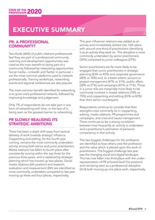 6#StateOfPR
EXECUTIVE SUMMARY
PR; A PROFESSIONAL
COMMUNITY?
Two-thirds (66%) of public relations professionals
feel they are part of a professional community.
Learning and development opportunities was
cited as the main benefit to being part of a
community followed by networking opportunities.
Social media – LinkedIn and Twitter in particular –
are the most common platforms used to network
professionally. Training workshops, networking
events and regional conferences are also popular.
The most common benefit identified for networking
is to grow one’s professional network, followed by
improving knowledge and judgement.
Only 7% of respondents do not take part in any
form of networking with time, or the lack of it,
being seen as the greatest barrier to networking.
PR SLOWLY REALISING ITS
STRATEGIC AMBITIONS
There has been a slight shift away from tactical
delivery of work towards strategic influence.
Copywriting and editing, for the fourth year
running, remains the most commonly undertaken
activity among both senior and junior practitioners.
Media relations has fallen to fourth place after
consistently scoring within the top three for the
previous three years, and is replaced by strategic
planning which has moved up two places. Social
media relations (6th position) and research,
evaluation and measurement (8th) are identified as
more commonly undertaken compared to last year
moving up three and four places, respectively.
This year influencer relations was added as an
activity and immediately slotted into 16th place
with around one-third of practitioners identifying
it as an activity they work on. This discipline is more
commonly undertaken by senior practitioners
(34%) compared to junior colleagues (27%).
Senior practitioners are far more likely to be
engaged than junior practitioners in strategic
planning (83% vs 45%) and corporate governance
(48% vs 18%) and, to a lesser extent, account or
project management (47% vs 31%), public affairs
(38% vs 27%) and campaigns (81% vs 71%). Those
in a junior role are marginally more likely to be
commonly involved in media relations (78% vs
75%) and copywriting and editing (83% vs 82%)
than their senior counterparts.
Respondents continue to consider that their
strengths most commonly lie in copywriting,
editing, media relations, PR programmes and
campaigns, and crisis and issues management.
There continues to be a strong correlation
between how frequently an activity is undertaken
and a practitioner’s estimation of personal
competency in that activity.
The two biggest challenges for the profession
are identified as how others view the profession
and the value which is placed upon the work of
practitioners. The biggest challenge last year
was the changing social and digital landscape.
This has now fallen into third place with the under-
representation of PR at board level (1st position)
and not being seen as a professional discipline
(2nd) both moving up one place each, respectively.
 