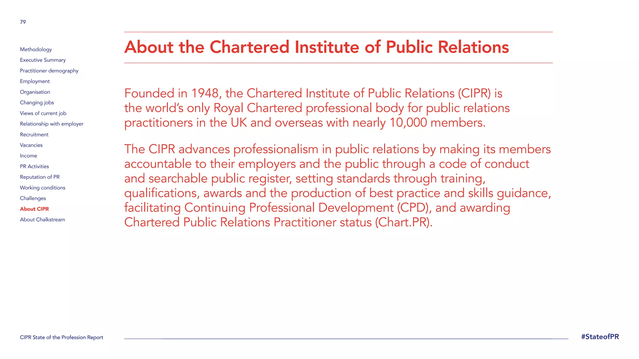 CIPR State of the Profession Report
79
#StateofPR
Methodology
Executive Summary
Practitioner demography
Employment
Organisation
Changing jobs
Views of current job
Relationship with employer
Recruitment
Vacancies
Income
PR Activities
Reputation of PR
Working conditions
Challenges
About CIPR
About Chalkstream
About the Chartered Institute of Public Relations
Founded in 1948, the Chartered Institute of Public Relations (CIPR) is
the world’s only Royal Chartered professional body for public relations
practitioners in the UK and overseas with nearly 10,000 members.
The CIPR advances professionalism in public relations by making its members
accountable to their employers and the public through a code of conduct
and searchable public register, setting standards through training,
qualifications, awards and the production of best practice and skills guidance,
facilitating Continuing Professional Development (CPD), and awarding
Chartered Public Relations Practitioner status (Chart.PR).
 