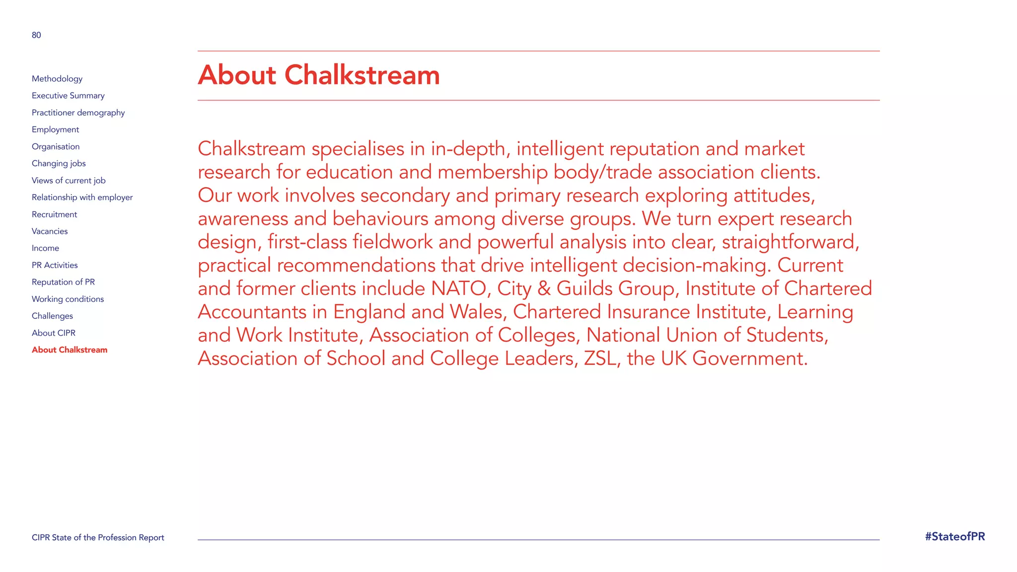 CIPR State of the Profession Report
80
#StateofPR
Methodology
Executive Summary
Practitioner demography
Employment
Organisation
Changing jobs
Views of current job
Relationship with employer
Recruitment
Vacancies
Income
PR Activities
Reputation of PR
Working conditions
Challenges
About CIPR
About Chalkstream
About Chalkstream
Chalkstream specialises in in-depth, intelligent reputation and market
research for education and membership body/trade association clients.
Our work involves secondary and primary research exploring attitudes,
awareness and behaviours among diverse groups. We turn expert research
design, first-class fieldwork and powerful analysis into clear, straightforward,
practical recommendations that drive intelligent decision-making. Current
and former clients include NATO, City  Guilds Group, Institute of Chartered
Accountants in England and Wales, Chartered Insurance Institute, Learning
and Work Institute, Association of Colleges, National Union of Students,
Association of School and College Leaders, ZSL, the UK Government.
 