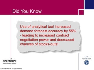 Did You Know
Use of analytical tool increased
demand forecast accuracy by 55%
- leading to increased contract
negotiation power and decreased
chances of stocks-outs!
© 2010 Accenture. All rights reserved.
 