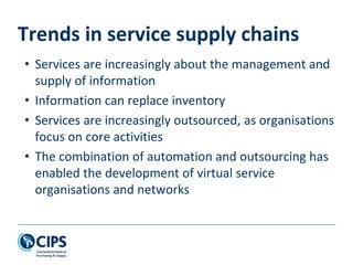 Trends in service supply chains
• Services are increasingly about the management and
supply of information
• Information can replace inventory
• Services are increasingly outsourced, as organisations
focus on core activities
• The combination of automation and outsourcing has
enabled the development of virtual service
organisations and networks
 