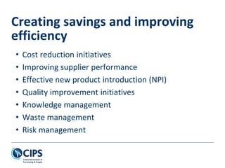 • Cost reduction initiatives
• Improving supplier performance
• Effective new product introduction (NPI)
• Quality improvement initiatives
• Knowledge management
• Waste management
• Risk management
Creating savings and improving
efficiency
 