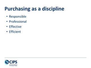 Purchasing as a discipline
• Responsible
• Professional
• Effective
• Efficient
 