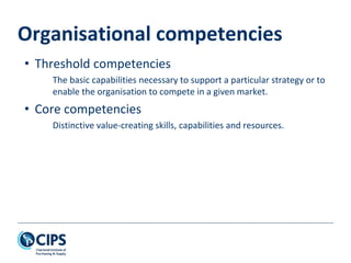 Organisational competencies
• Threshold competencies
The basic capabilities necessary to support a particular strategy or to
enable the organisation to compete in a given market.
• Core competencies
Distinctive value-creating skills, capabilities and resources.
 